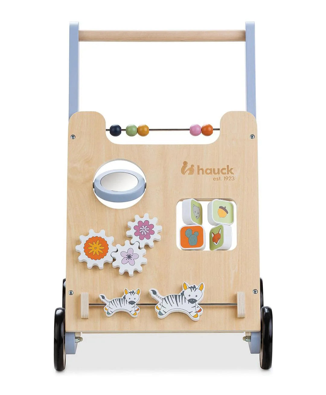 Front activity panel with mirror, gears, beads and animal sliders