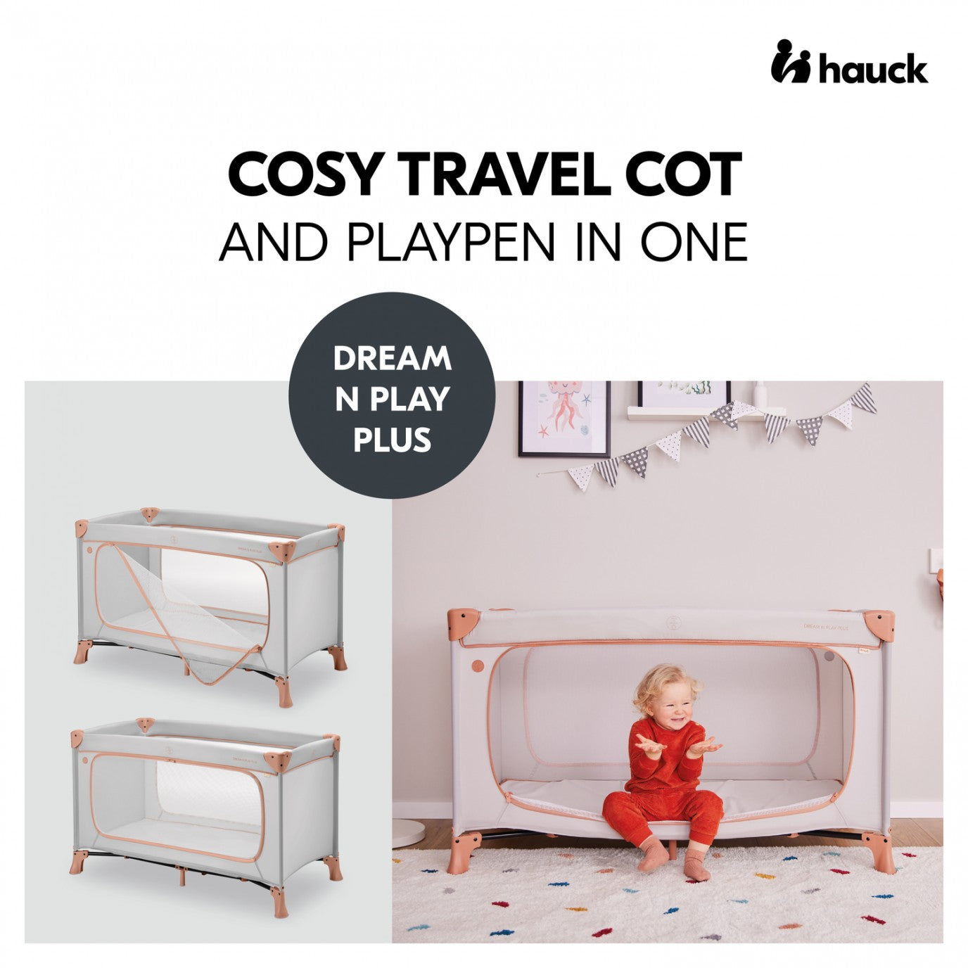 Hauck Dream N Play Plus- Portable Lighweight Travel Cot, Compact Folding with Inclusive Carry Bag