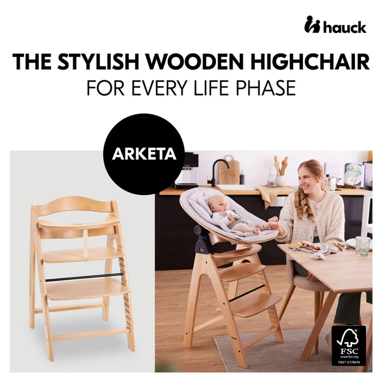Hauck Arketa High Chair Beech Wood - Grows with Your Child upto 130 Kg (FSC® Certified)