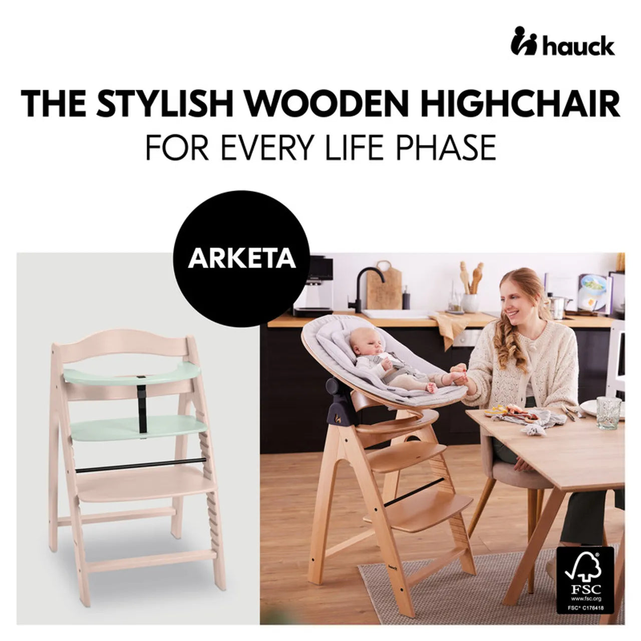 Hauck Arketa High Chair Beech Wood - Grows with Your Child upto 130 Kg (FSC® Certified)