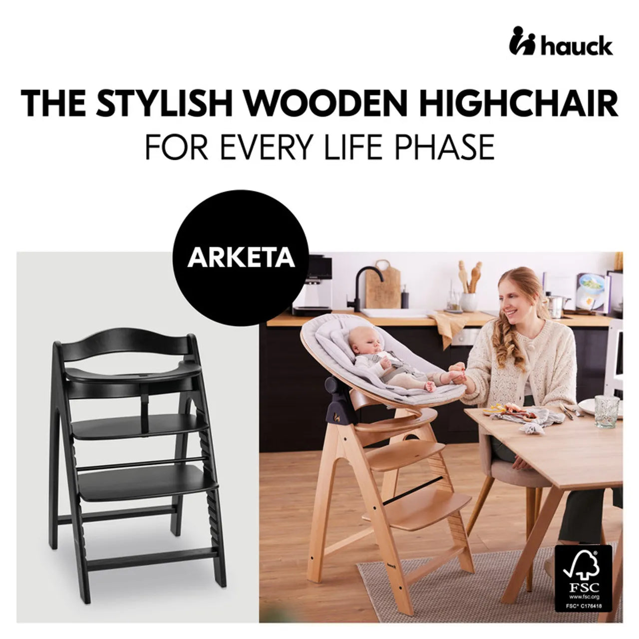 Hauck Arketa High Chair Beech Wood - Grows with Your Child upto 130 Kg (FSC® Certified)