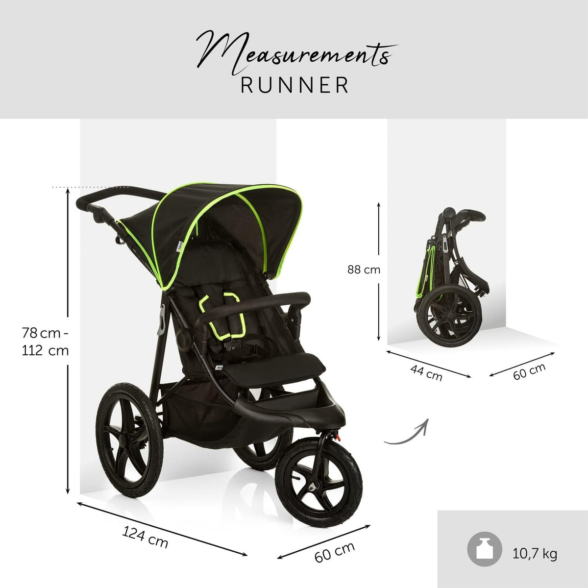 Hauck 3 Wheel Stroller Runner, Air Tyres, Black/Neon Yellow