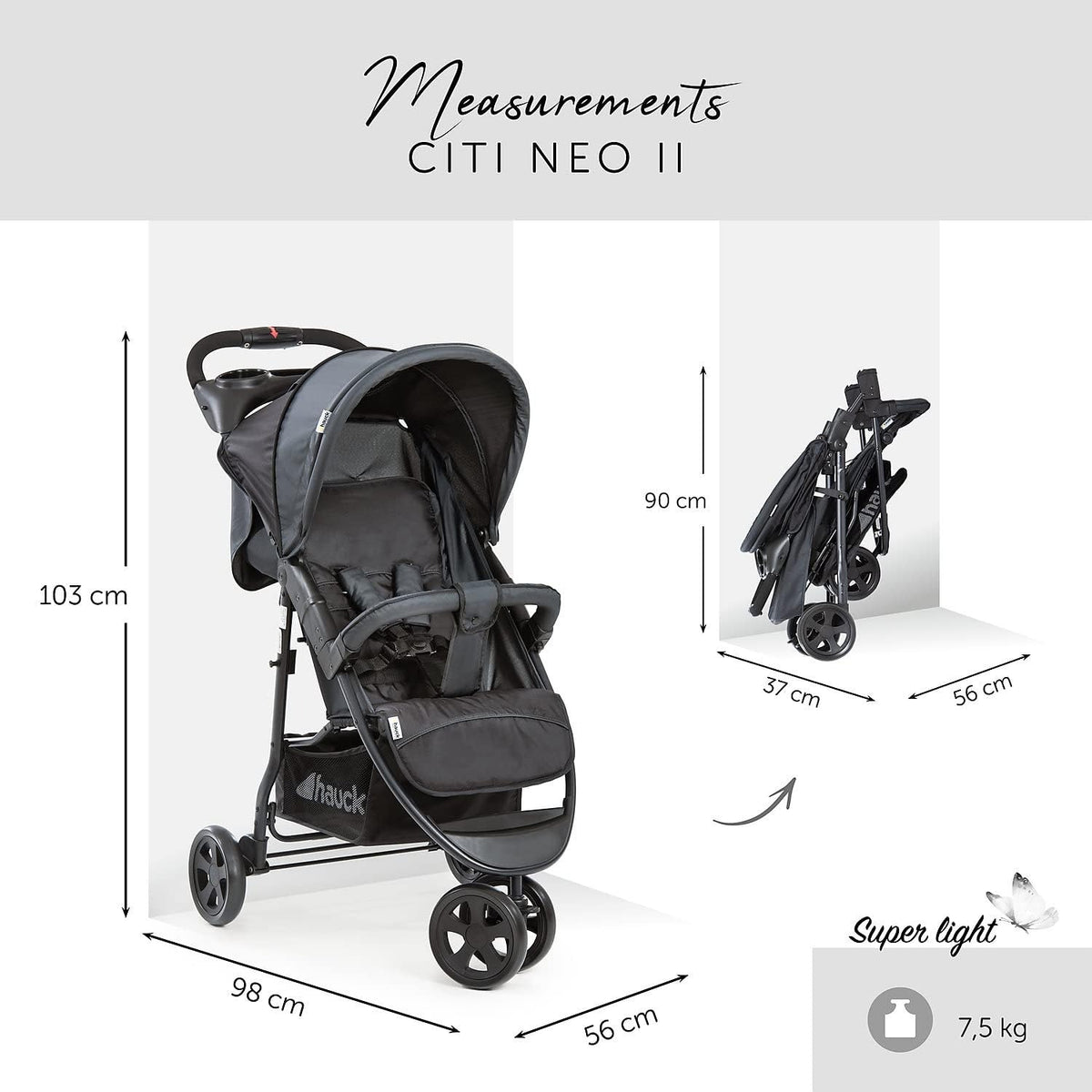 Hauck Citi Neo 2 Pushchair, Caviar/Stone - Lightweight 3 Wheeled Stroller, Compact & One Hand Fold