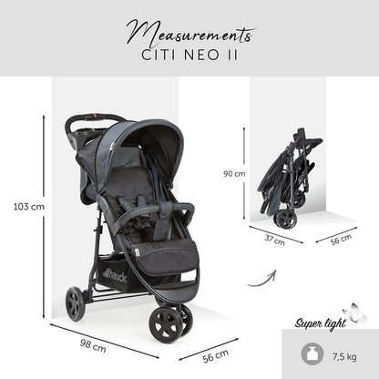 Hauck Citi Neo 2 Pushchair, Caviar/Stone - Lightweight 3 Wheeled Stroller, Compact & One Hand Fold