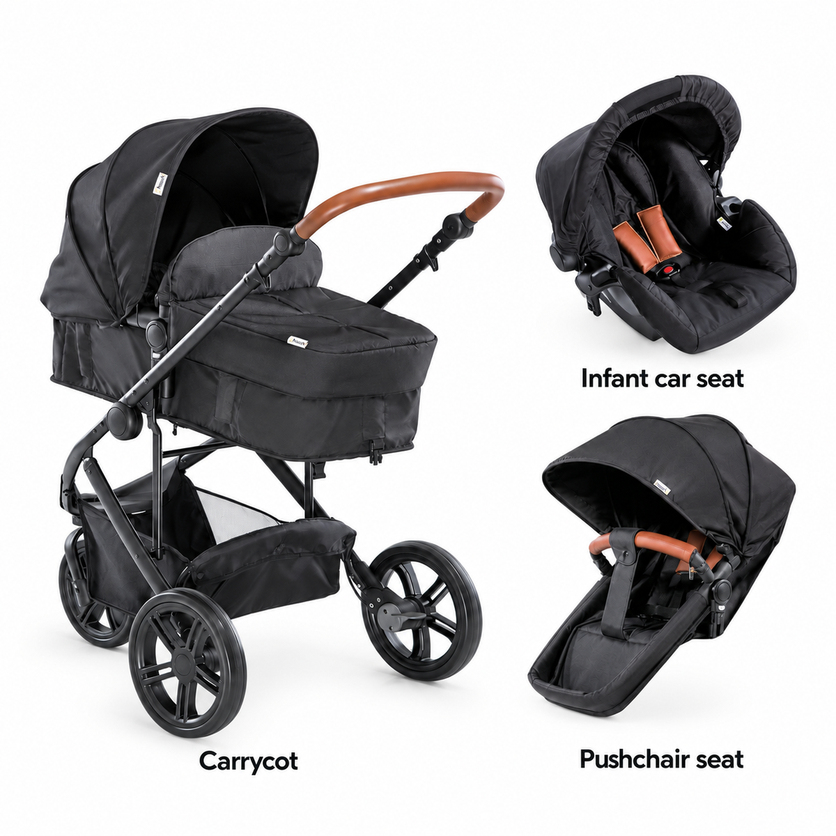 Hauck Pacific 3 carrycot, infant car seat and pushchair seat on white