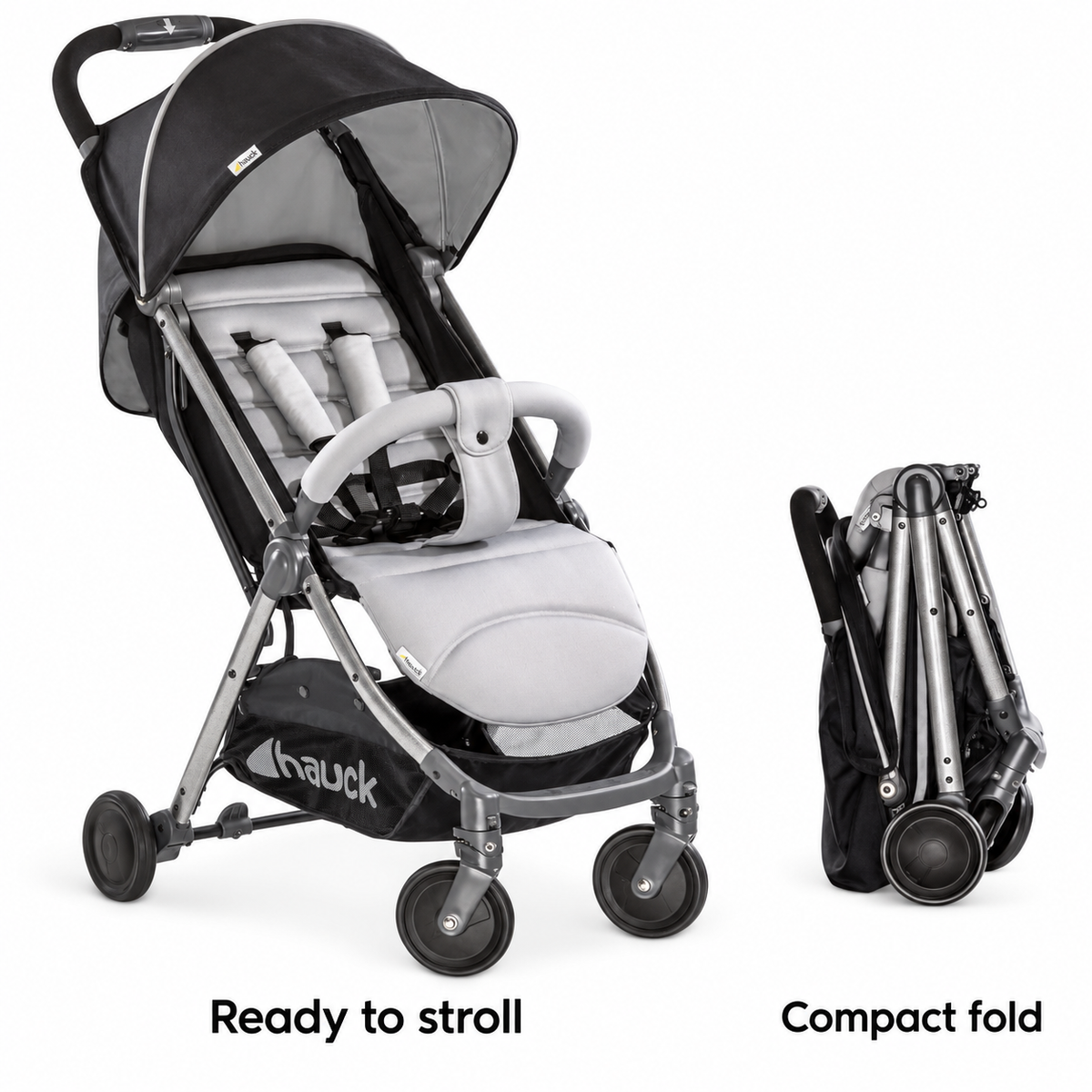 Swift Plus open pushchair and compact folded configuration on white