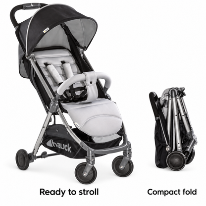 Swift Plus open pushchair and compact folded configuration on white